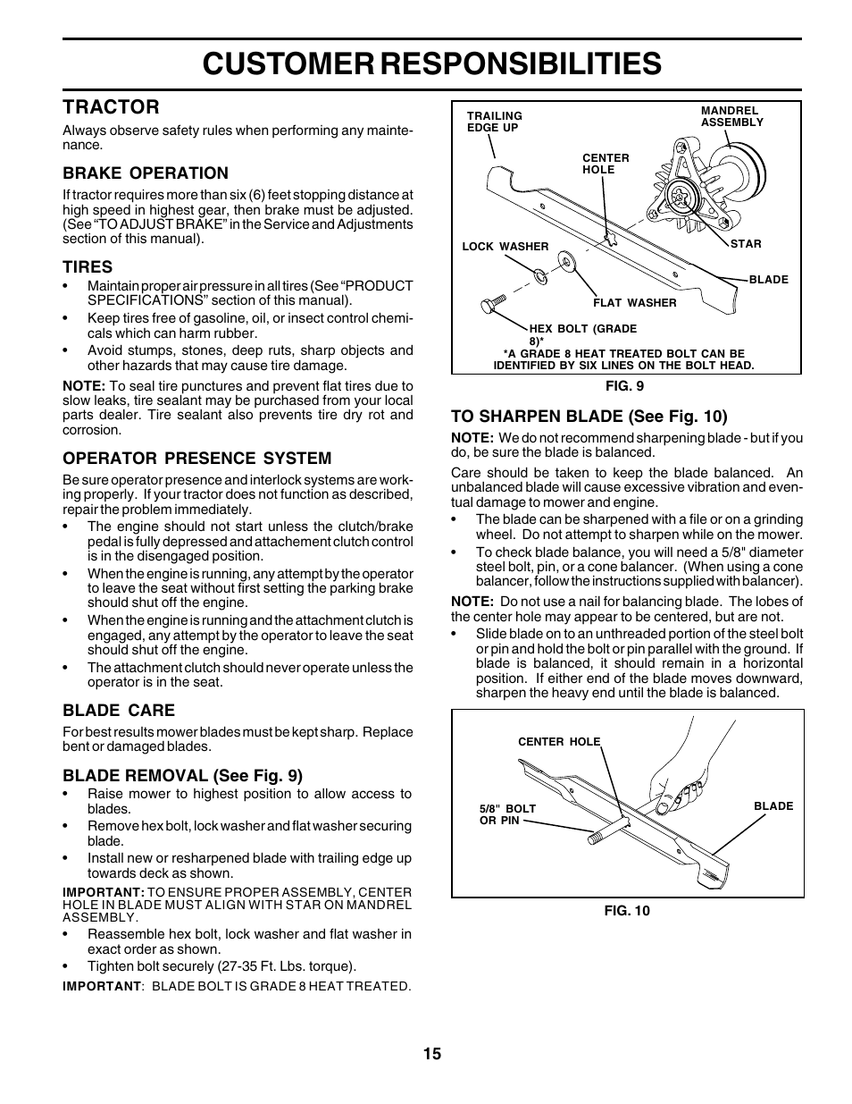 Customer responsibilities, Tractor | Poulan 178097 User Manual | Page 15 / 48