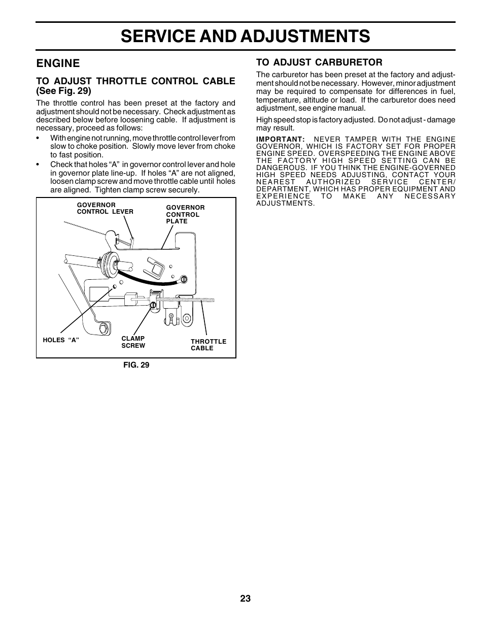 Service and adjustments, Engine | Poulan 178097 User Manual | Page 23 / 48