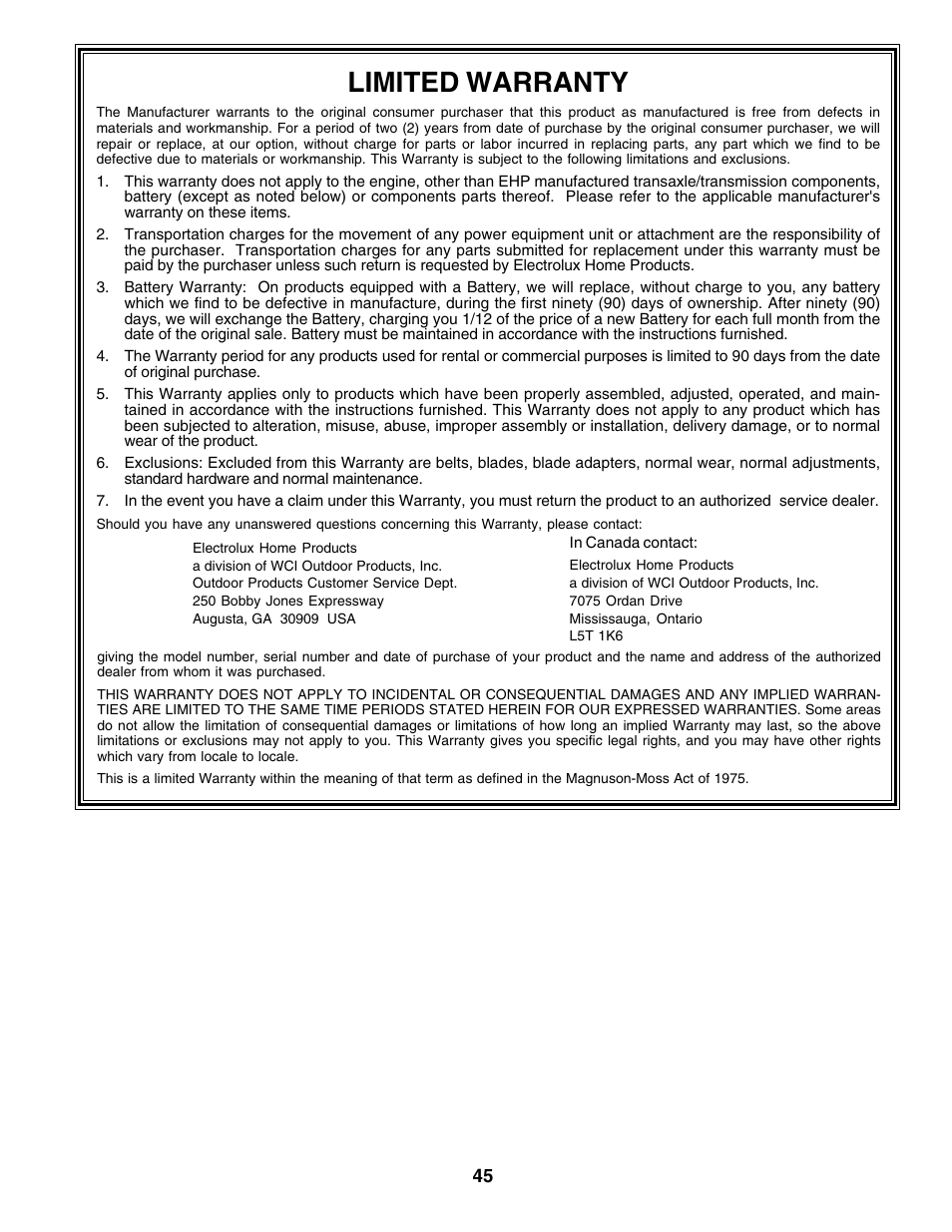 Limited warranty | Poulan 178097 User Manual | Page 45 / 48
