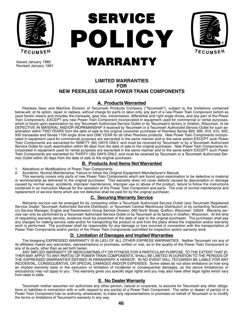 Policy, Ser service vice vice vice vice, Wwarranty arranty arranty arranty arranty | Poulan 178097 User Manual | Page 46 / 48