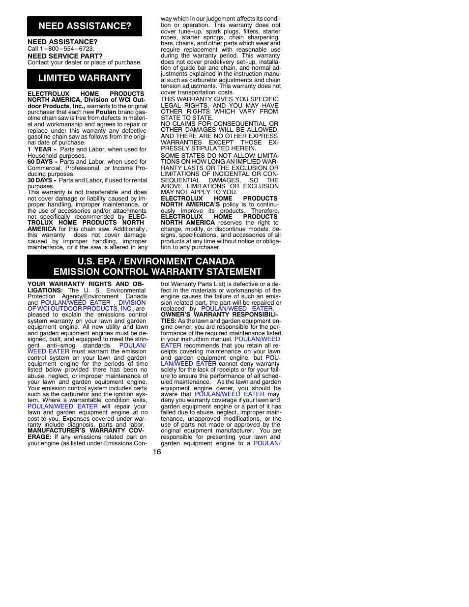 Need assistance, Limited warranty | Poulan 530086528 User Manual | Page 16 / 17