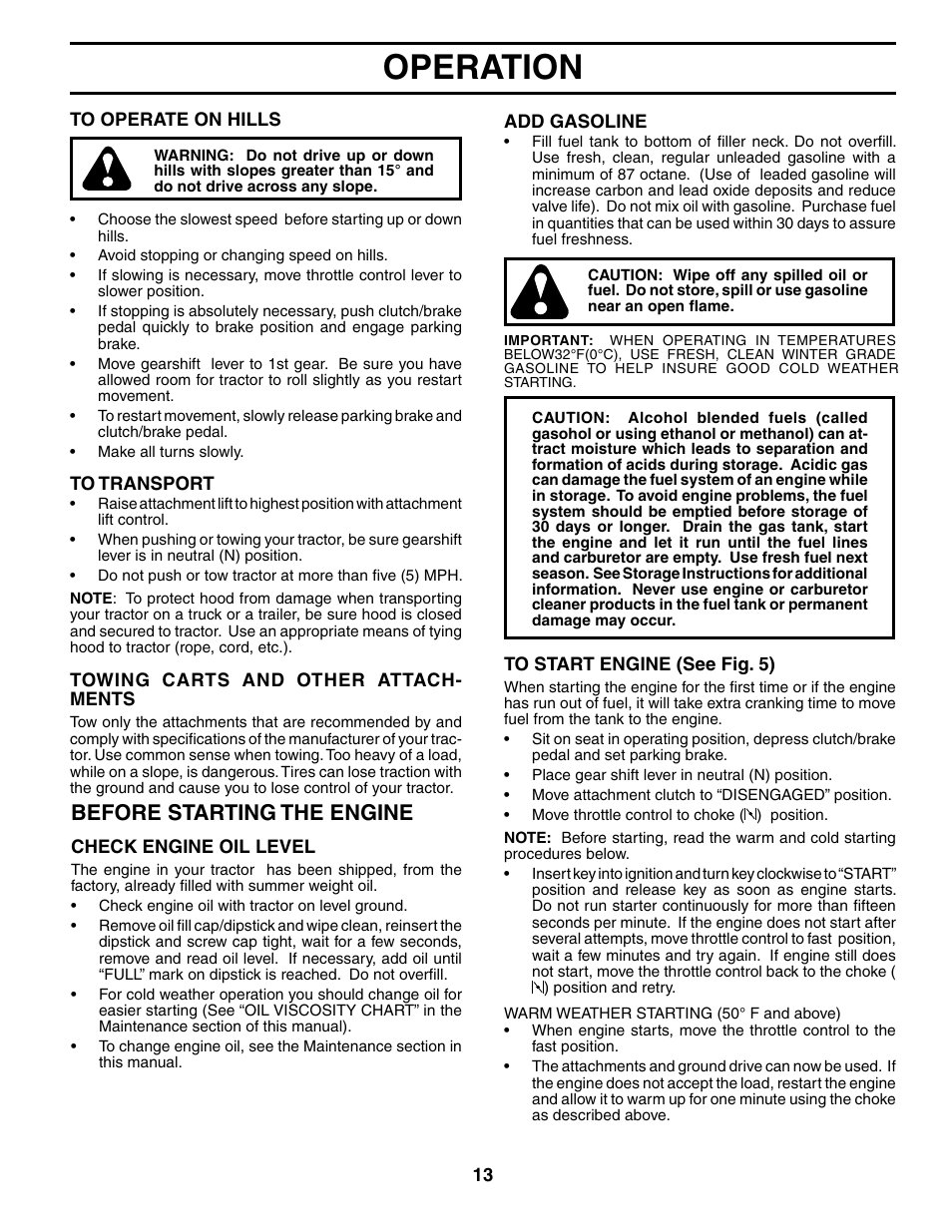 Operation, Before starting the engine | Poulan 194993 User Manual | Page 13 / 30