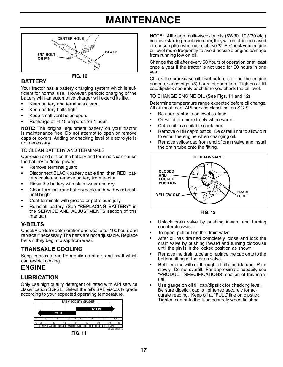 Maintenance, Engine, V-belts | Transaxle cooling, Battery, Lubrication | Poulan 194993 User Manual | Page 17 / 30