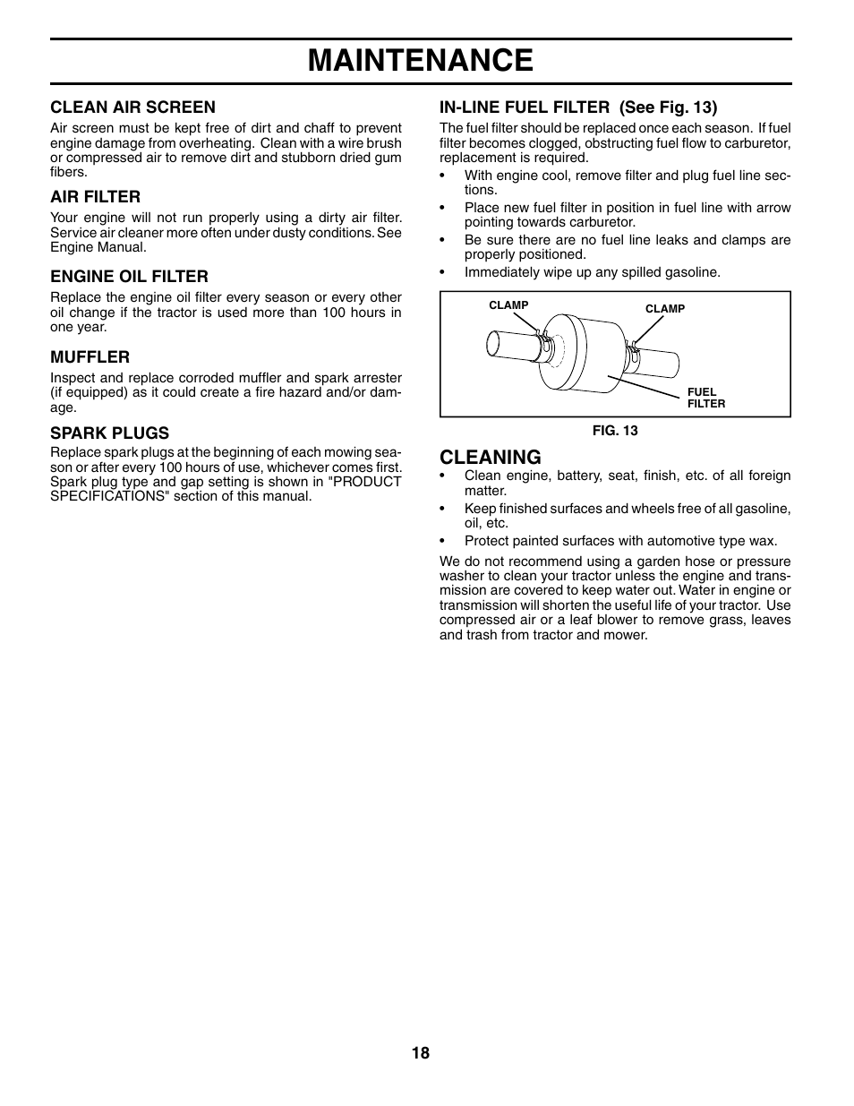 Maintenance, Cleaning | Poulan 194993 User Manual | Page 18 / 30