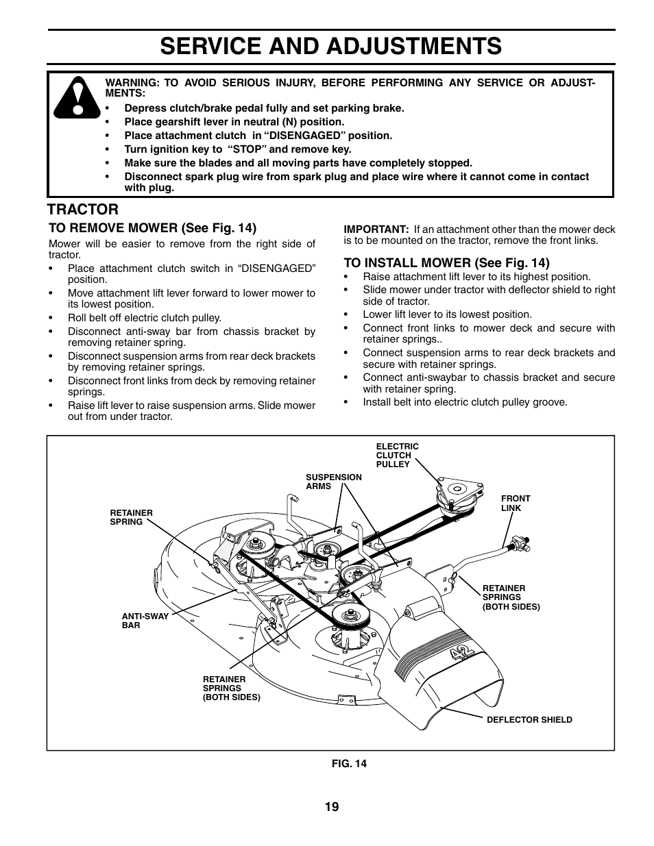 Service and adjustments, Tractor | Poulan 194993 User Manual | Page 19 / 30