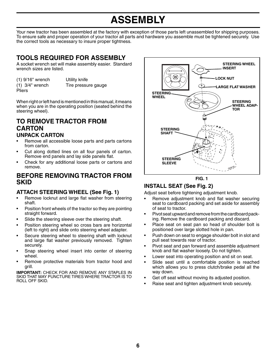Assembly, Tools required for assembly, Before removing trac tor from skid | Poulan 194993 User Manual | Page 6 / 30