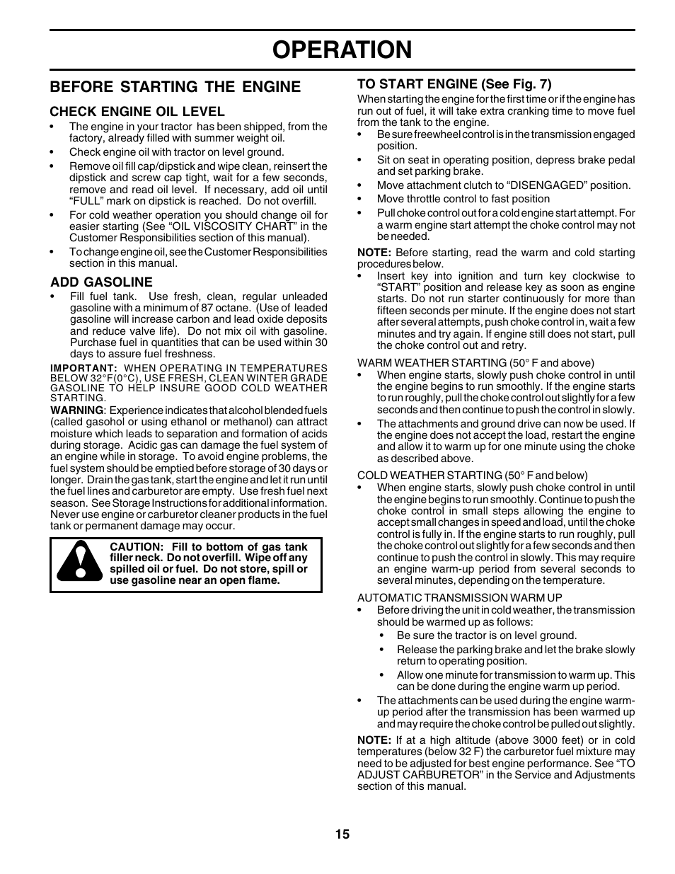 Operation, Before starting the engine | Poulan 179419 User Manual | Page 15 / 48