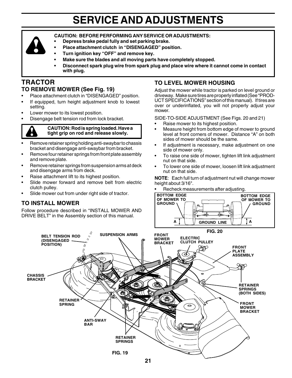 Service and adjustments, Tractor | Poulan 179419 User Manual | Page 21 / 48