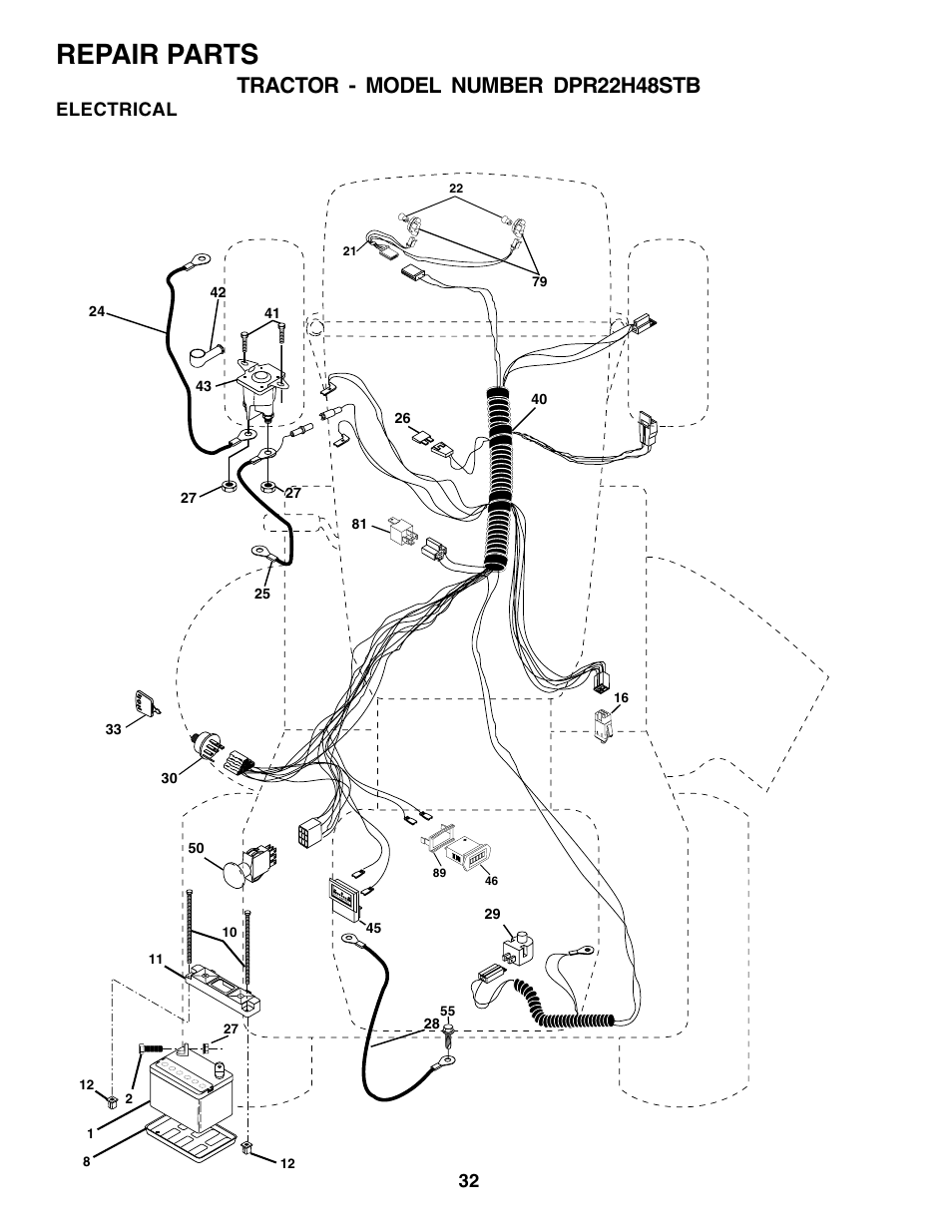 Repair parts, Tractor - model number dpr22h48stb, Electrical | Poulan 179419 User Manual | Page 32 / 48