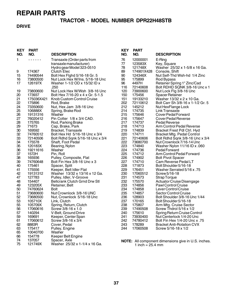 Repair parts, Tractor - model number dpr22h48stb | Poulan 179419 User Manual | Page 37 / 48