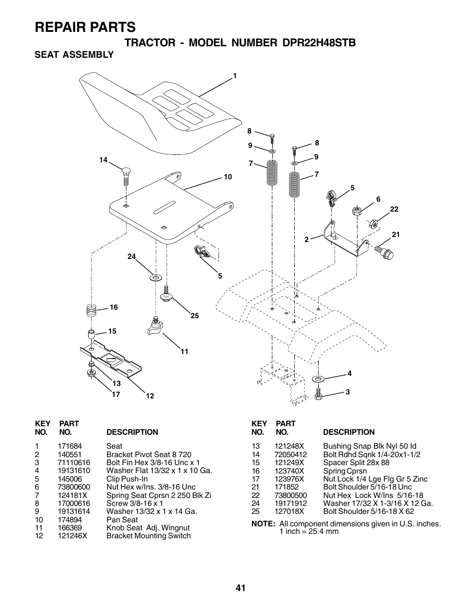 Repair parts, Tractor - model number dpr22h48stb | Poulan 179419 User Manual | Page 41 / 48