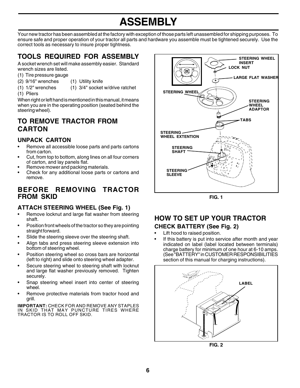 Assembly, Tools required for assembly, How to set up your tractor | Before removing tractor from skid | Poulan 179419 User Manual | Page 6 / 48