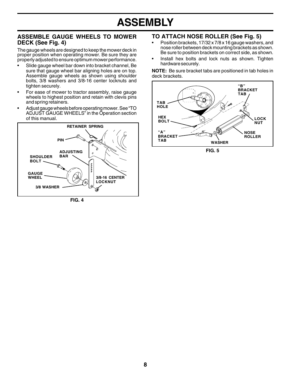 Assembly, 8assemble gauge wheels to mower deck (see fig. 4) | Poulan 179419 User Manual | Page 8 / 48