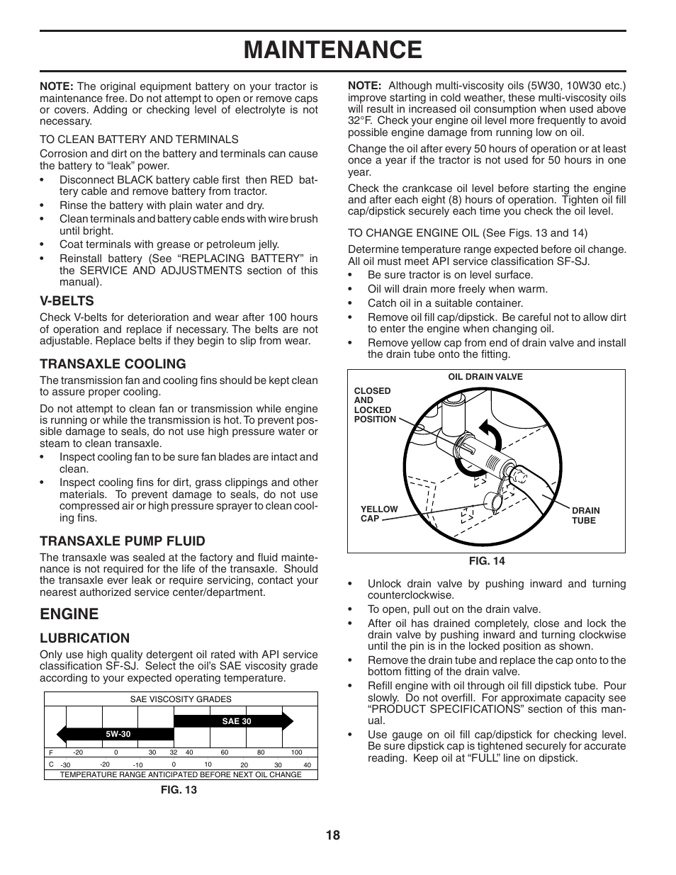 Maintenance, Engine, V-belts | Transaxle cooling, Transaxle pump fluid, Lubrication | Poulan 188781 User Manual | Page 18 / 48