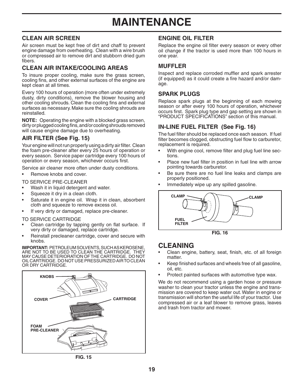 Maintenance, Cleaning | Poulan 188781 User Manual | Page 19 / 48