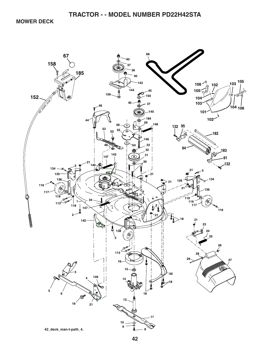 Tractor - - model number pd22h42sta, Mower deck | Poulan 188781 User Manual | Page 42 / 48
