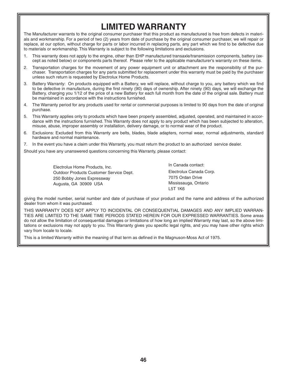 Limited warranty | Poulan 188781 User Manual | Page 46 / 48