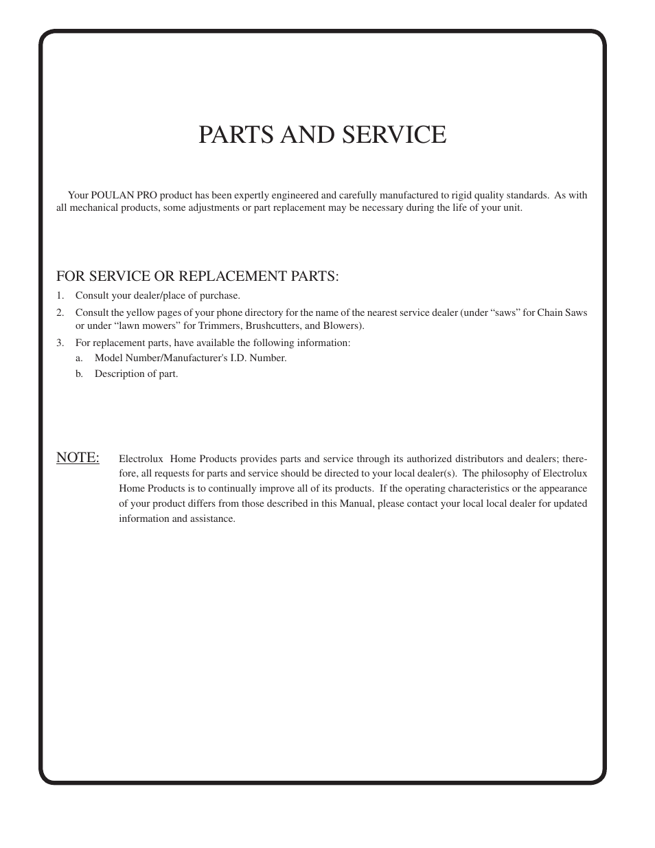 Parts and service, For service or replacement parts | Poulan 188781 User Manual | Page 48 / 48