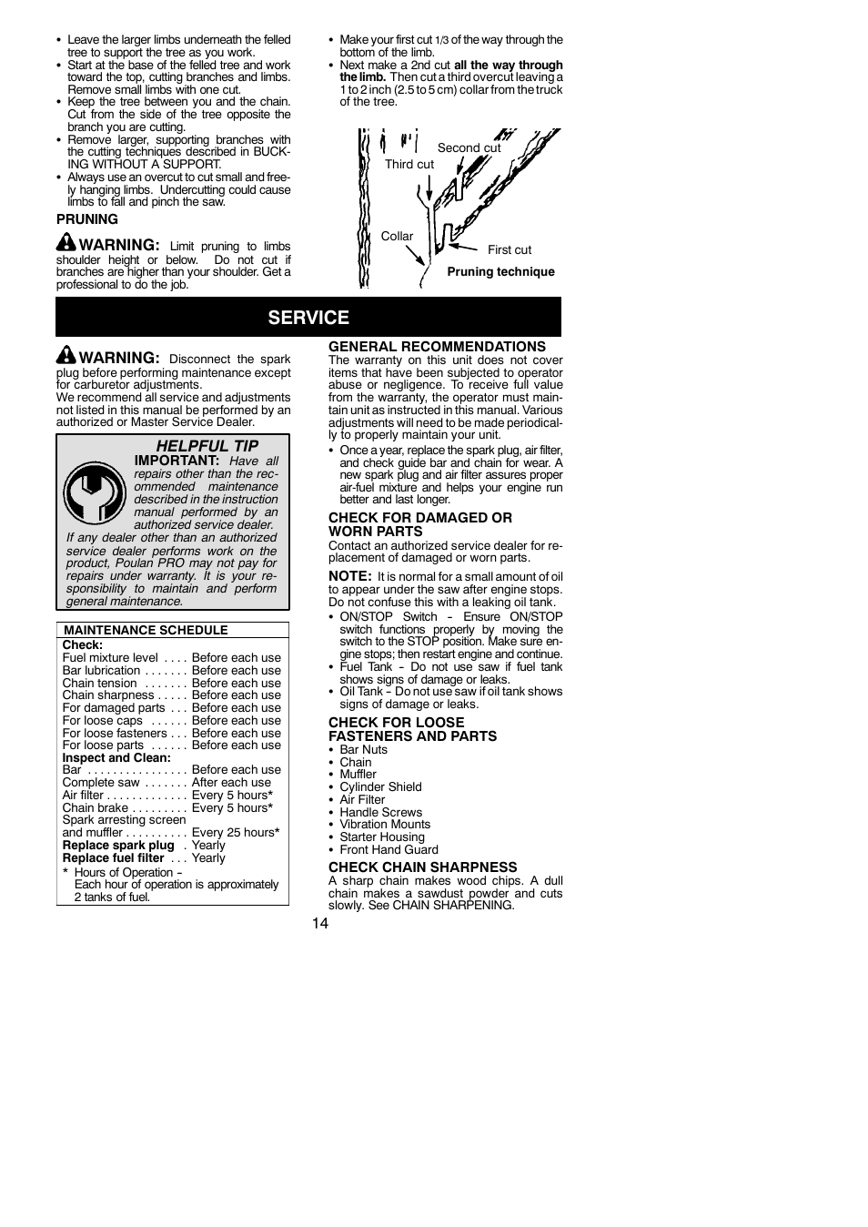 Service, Warning, Helpful tip | Poulan 115156526 User Manual | Page 14 / 21