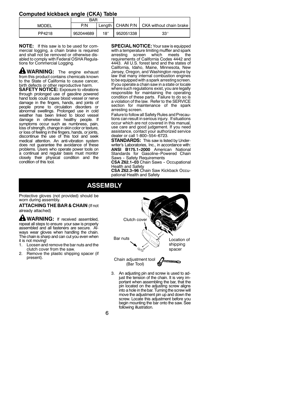 Assembly, 6computed kickback angle (cka) table, Warning | Poulan 115156526 User Manual | Page 6 / 21