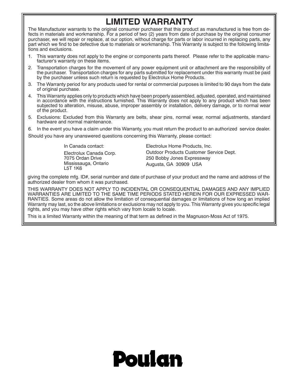 Limited warranty | Poulan 185143 User Manual | Page 32 / 32