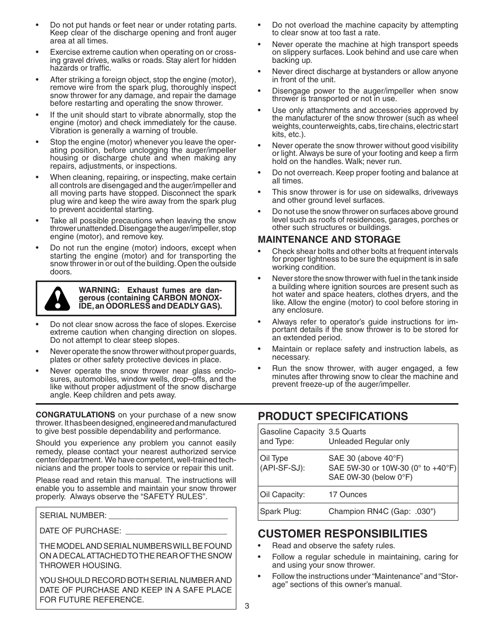 Product specifications, Customer responsibilities | Poulan 185156 User Manual | Page 3 / 32