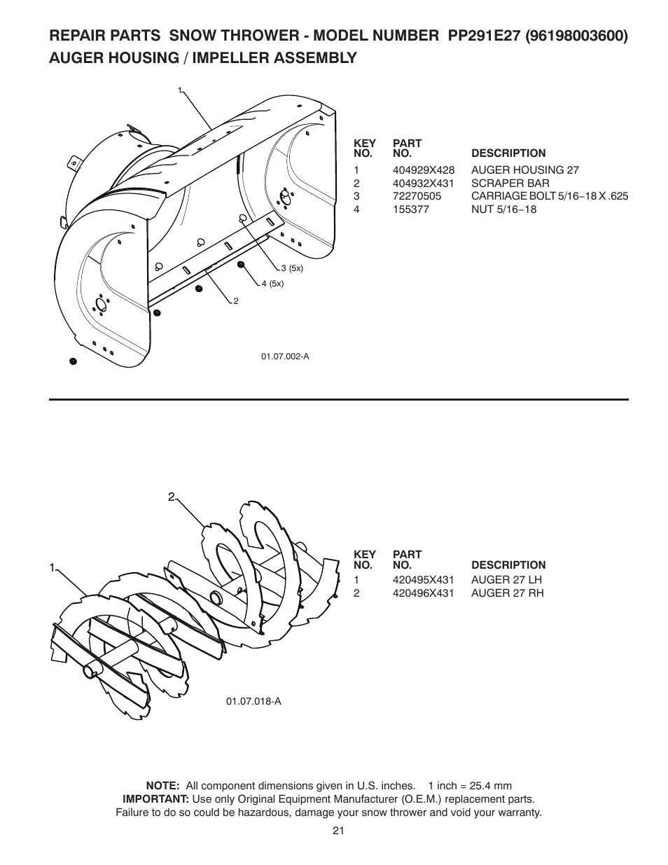 Repair parts, Auger housing / impeller assembly | Poulan 435564 User Manual | Page 21 / 40