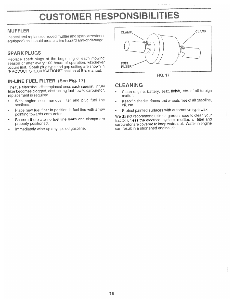 Spark plugs, In-line fuel filter (see fig. 17), C? i '■ mth m i | Cleaning | Poulan 169482 User Manual | Page 19 / 42