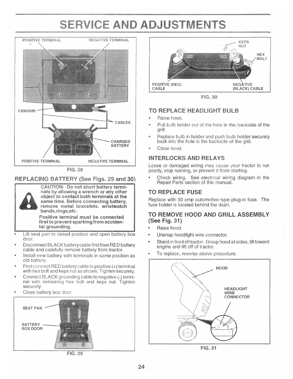 Interlocks and relays, To replace fuse, To remove hood and grill assembly (see fig. 31) | Poulan 169482 User Manual | Page 24 / 42
