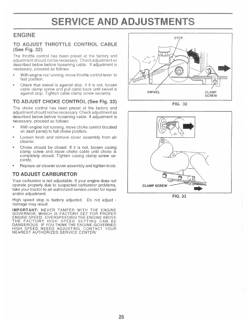 To adjust carburetor, Service and adjustments | Poulan 169482 User Manual | Page 25 / 42