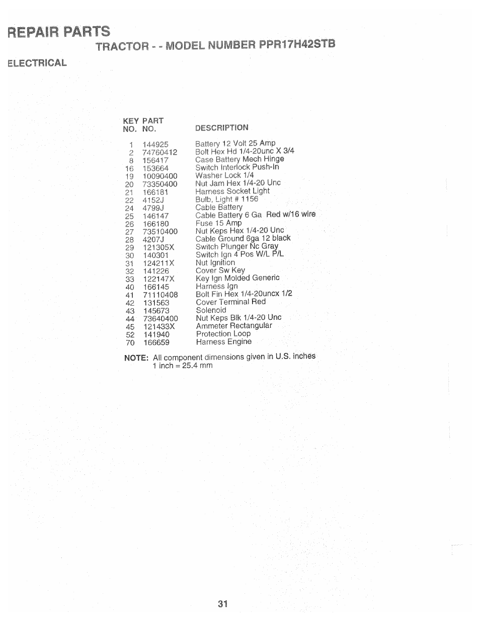 Pl.ectrical, Tractor - model number ppr17h42stb | Poulan 169482 User Manual | Page 31 / 42
