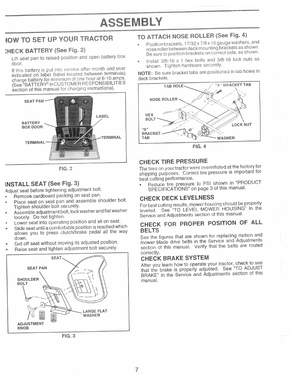 Fla. 41, Check tire pressure, Check for proper position of all | Check brake system, Sse^bly, R tractor eclc, Nose roll, Check deck levelness | Poulan 169482 User Manual | Page 7 / 42