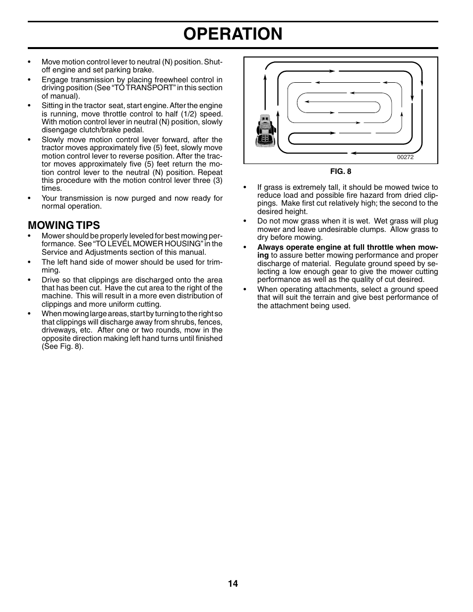 Operation, Mowing tips | Poulan 190288 User Manual | Page 14 / 29