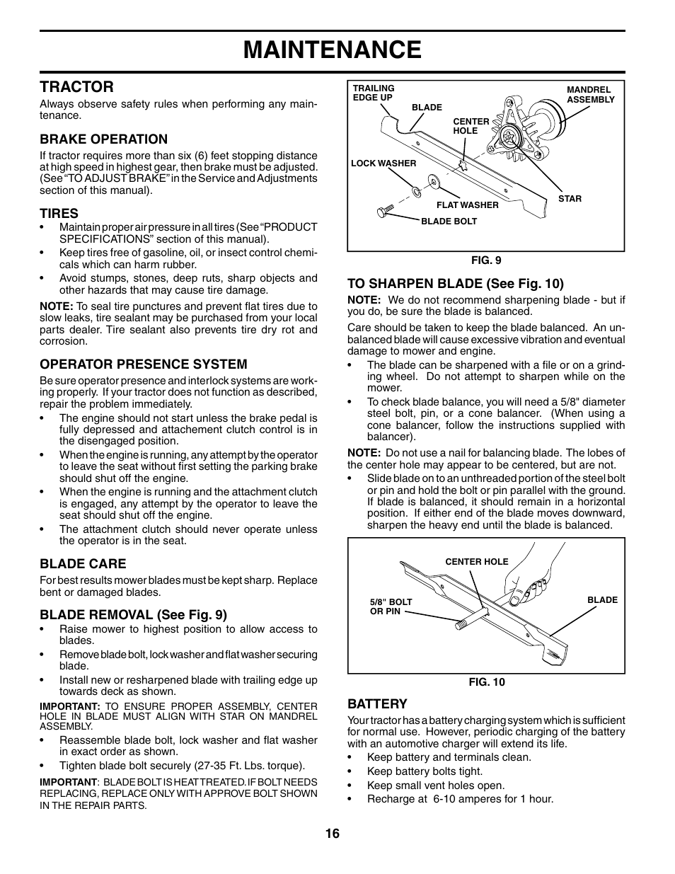 Maintenance, Tractor | Poulan 190288 User Manual | Page 16 / 29