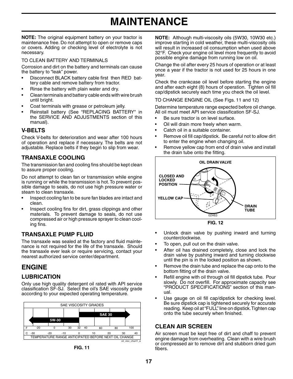 Maintenance, Engine, V-belts | Transaxle cooling, Transaxle pump fluid, Lubrication, Clean air screen | Poulan 190288 User Manual | Page 17 / 29