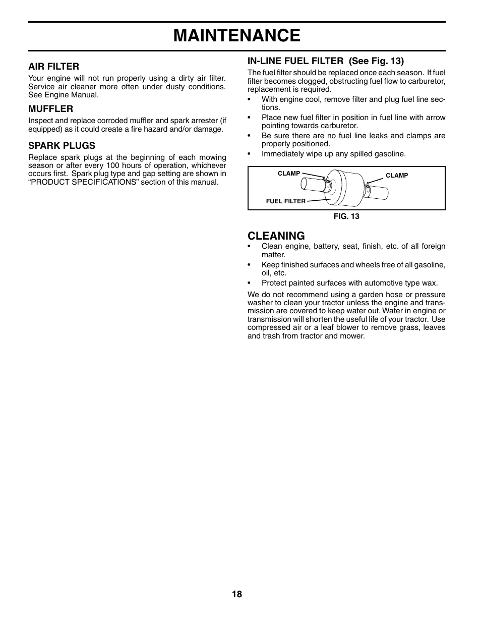 Maintenance, Cleaning | Poulan 190288 User Manual | Page 18 / 29