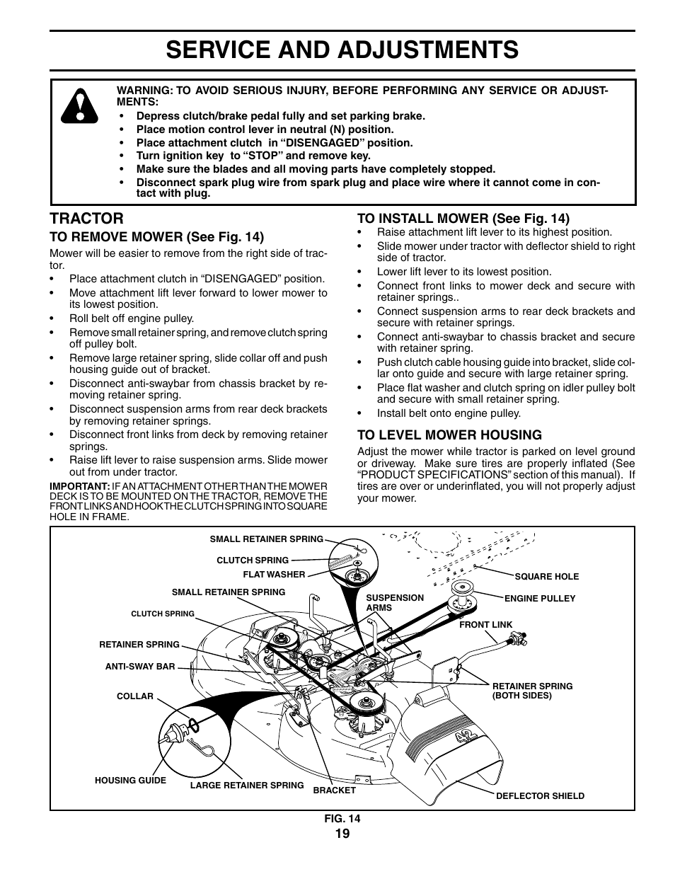 Service and adjustments, Tractor | Poulan 190288 User Manual | Page 19 / 29