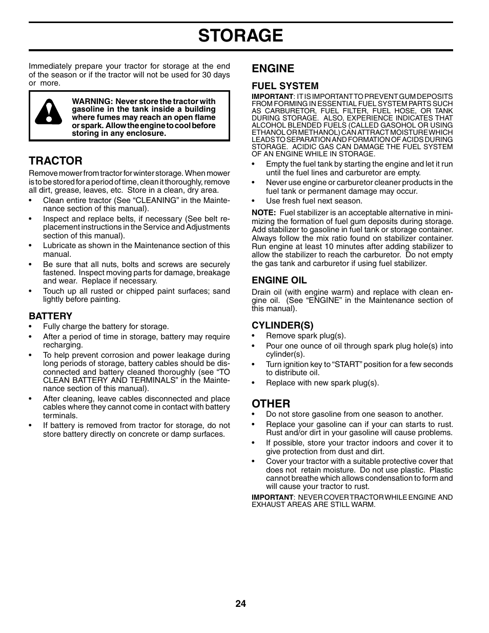 Storage, Tractor, Engine | Other | Poulan 190288 User Manual | Page 24 / 29