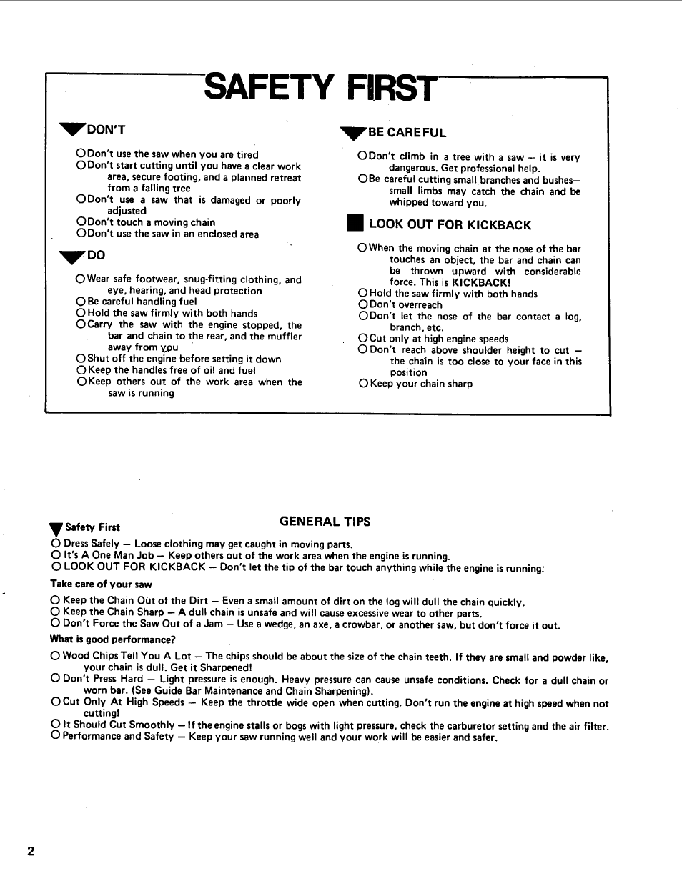 Be careful, I look out for kickback, Safety first | Poulan 1980-02 User Manual | Page 2 / 9