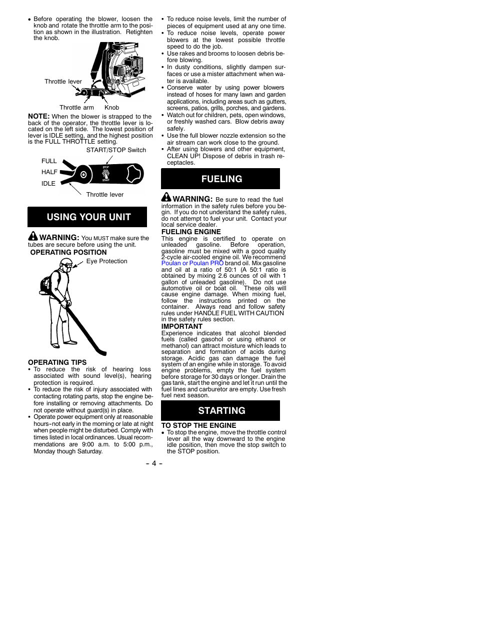 Using your unit, Fueling, Starting | Poulan BP400 User Manual | Page 4 / 7