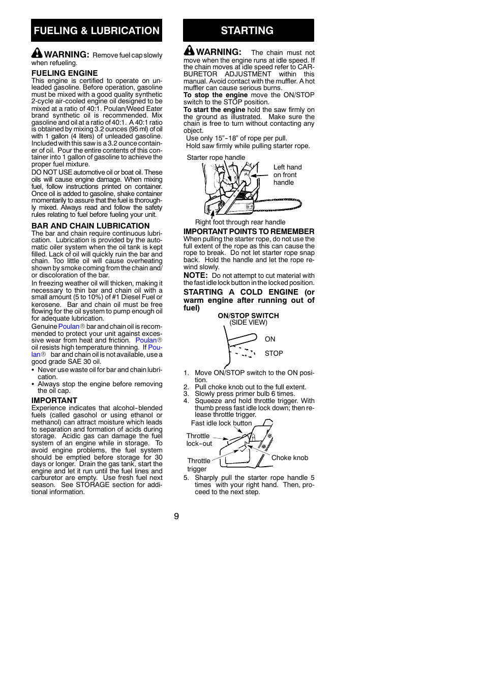 Starting, Fueling & lubrication, Warning | Poulan 545001484 User Manual | Page 9 / 18