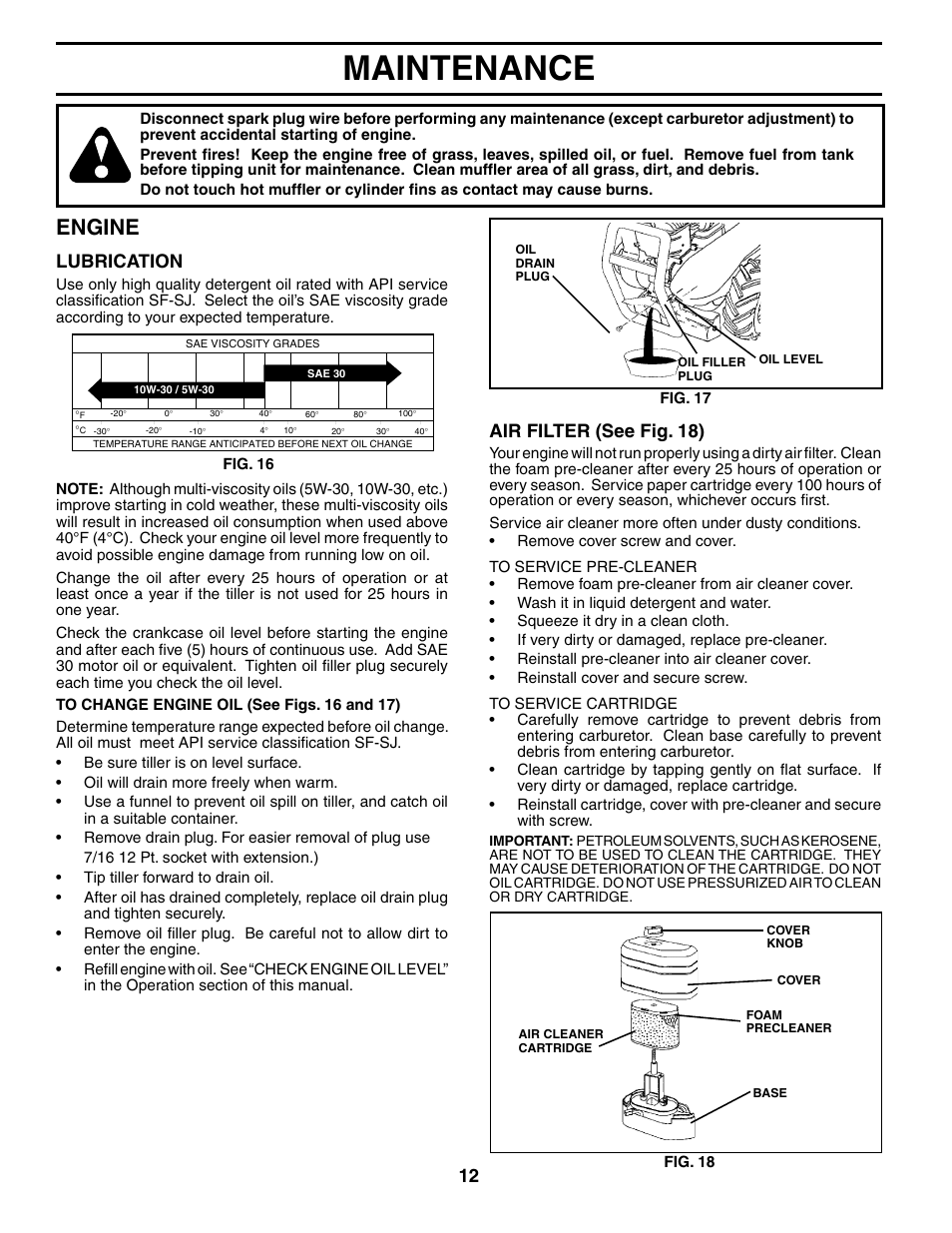 Maintenance, Engine, Lubrication | Air filter (see fig. 18) | Poulan PRRT65B User Manual | Page 12 / 28