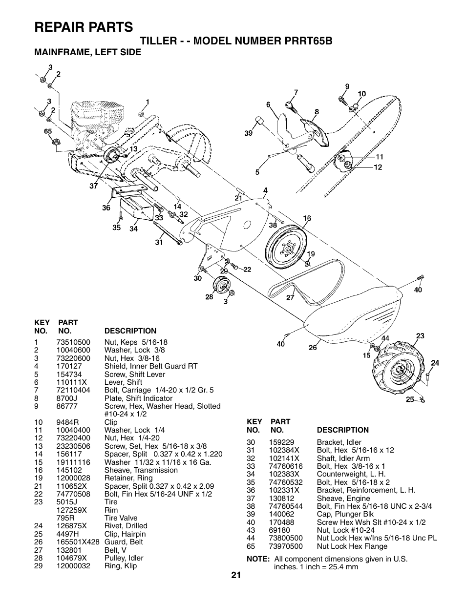 Repair parts, Tiller - - model number prrt65b | Poulan PRRT65B User Manual | Page 21 / 28
