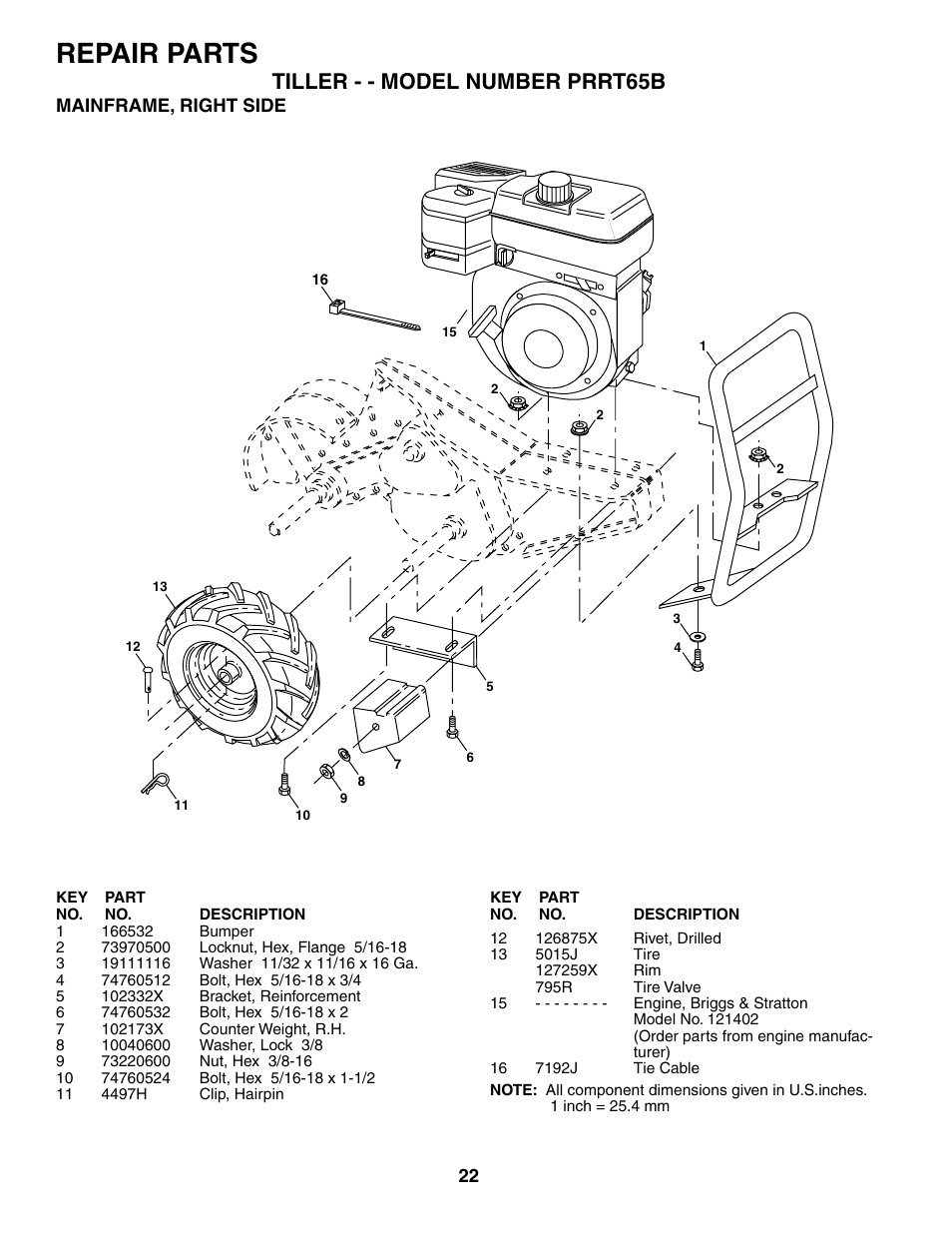 Repair parts, Tiller - - model number prrt65b | Poulan PRRT65B User Manual | Page 22 / 28
