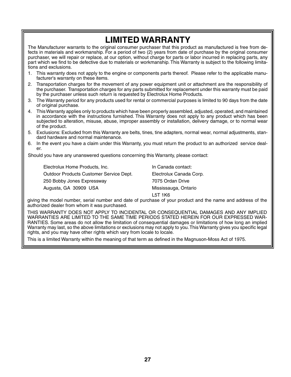 Limited warranty | Poulan PRRT65B User Manual | Page 27 / 28