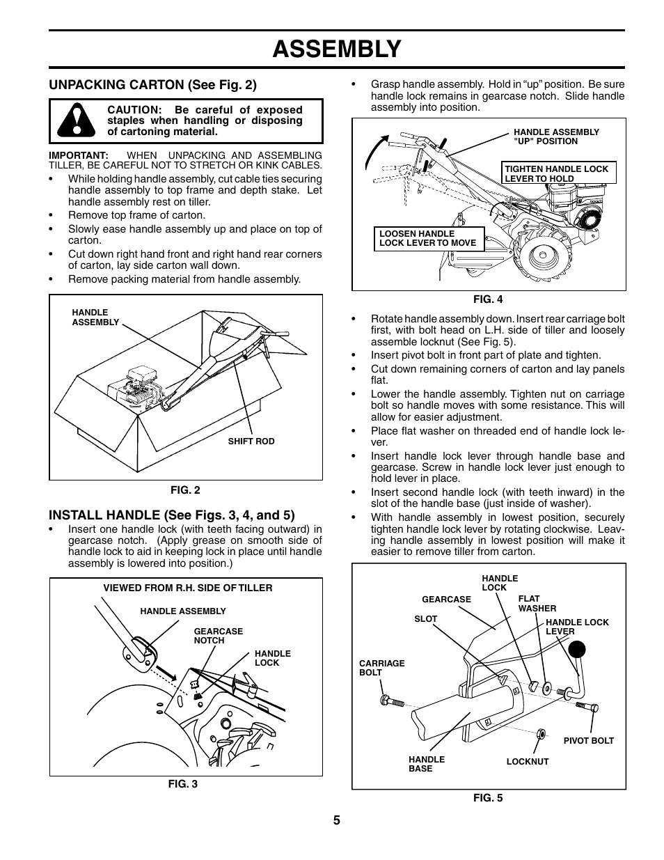 Assembly, Unpacking carton (see fig. 2), Install handle (see figs. 3, 4, and 5) | Poulan PRRT65B User Manual | Page 5 / 28