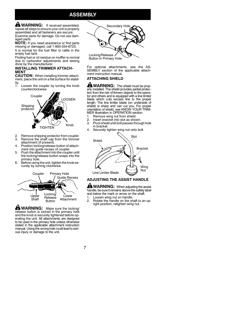 Assembly, Warning | Poulan 545123423 User Manual | Page 7 / 16