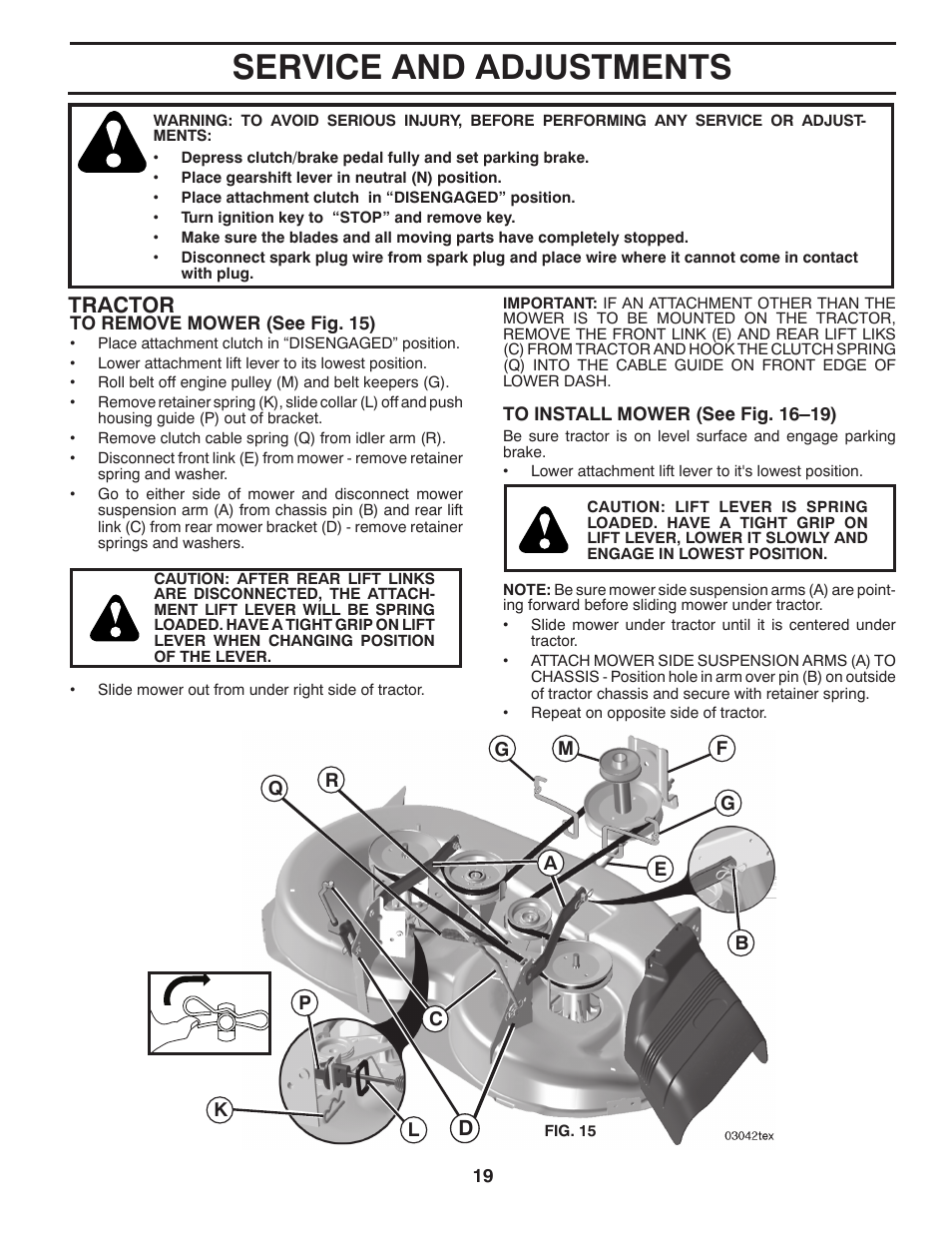 Service and adjustments, Tractor | Poulan 411188 User Manual | Page 19 / 48