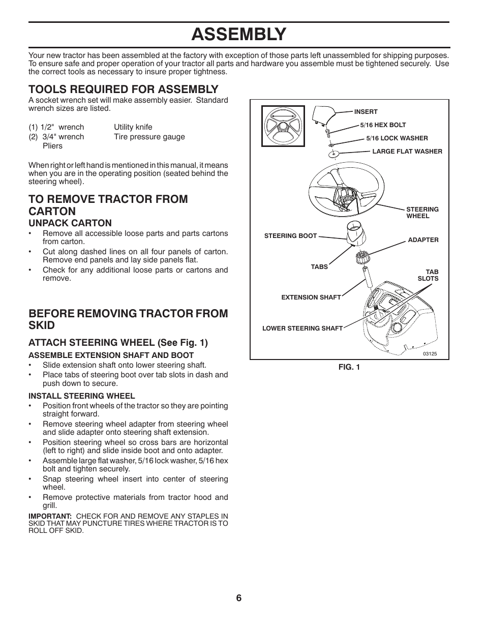 Assembly, Tools required for assembly, Before removing tractor from skid | Poulan 411188 User Manual | Page 6 / 48