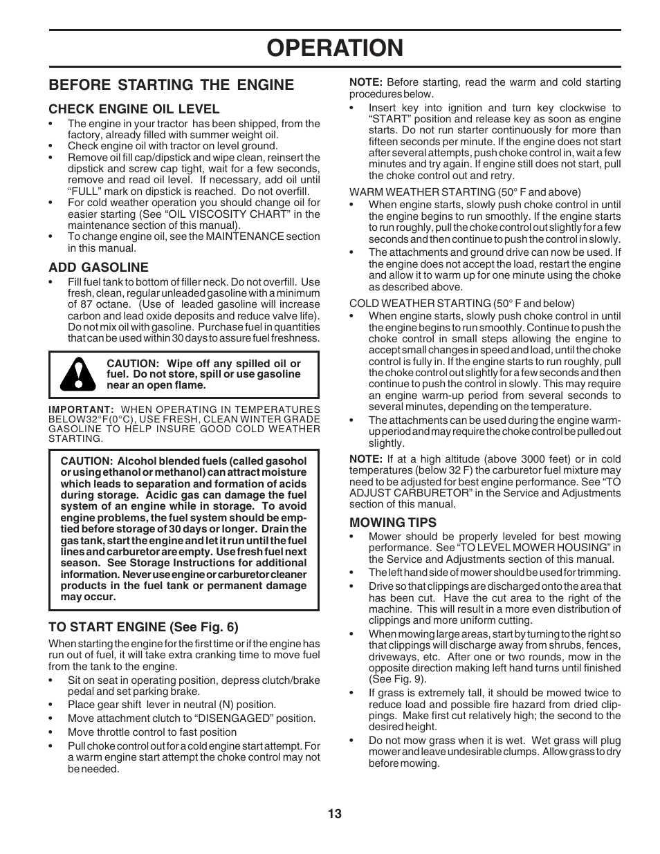Operation, Before starting the engine | Poulan 183044 User Manual | Page 13 / 52